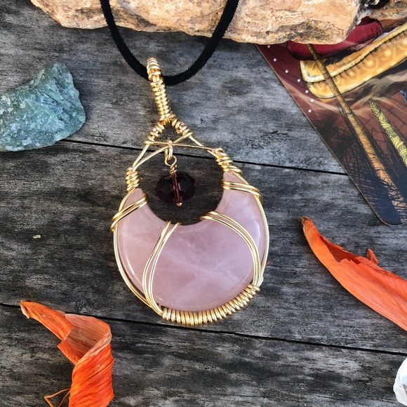 Wire Wrapped Rose Quartz Crescent Moon Crystal Necklace - Picture 11 of 11